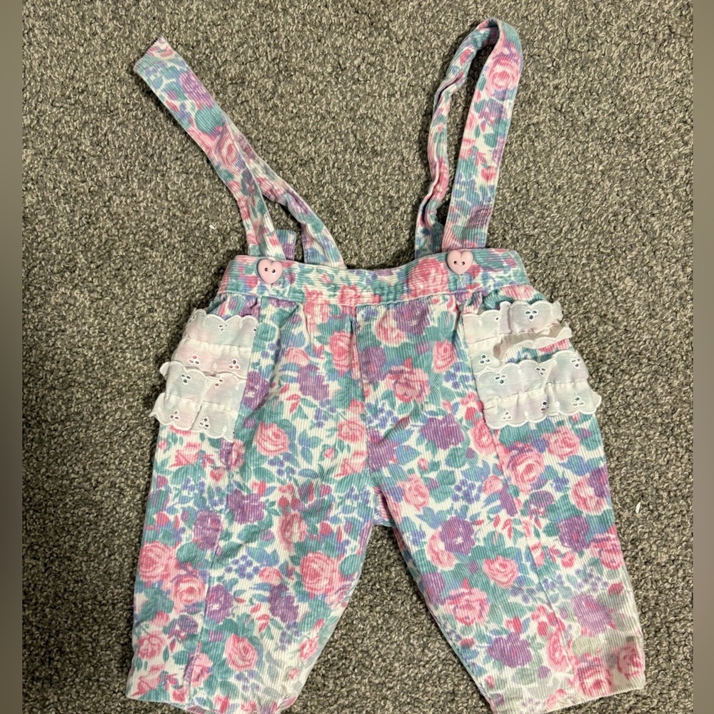 Vintage Floral Corduroy Overalls with Lace Details Girl's Size 0-6 Months